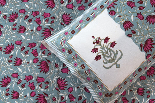 Lotuses on grey - Pure cotton King / Queen size double bedsheet