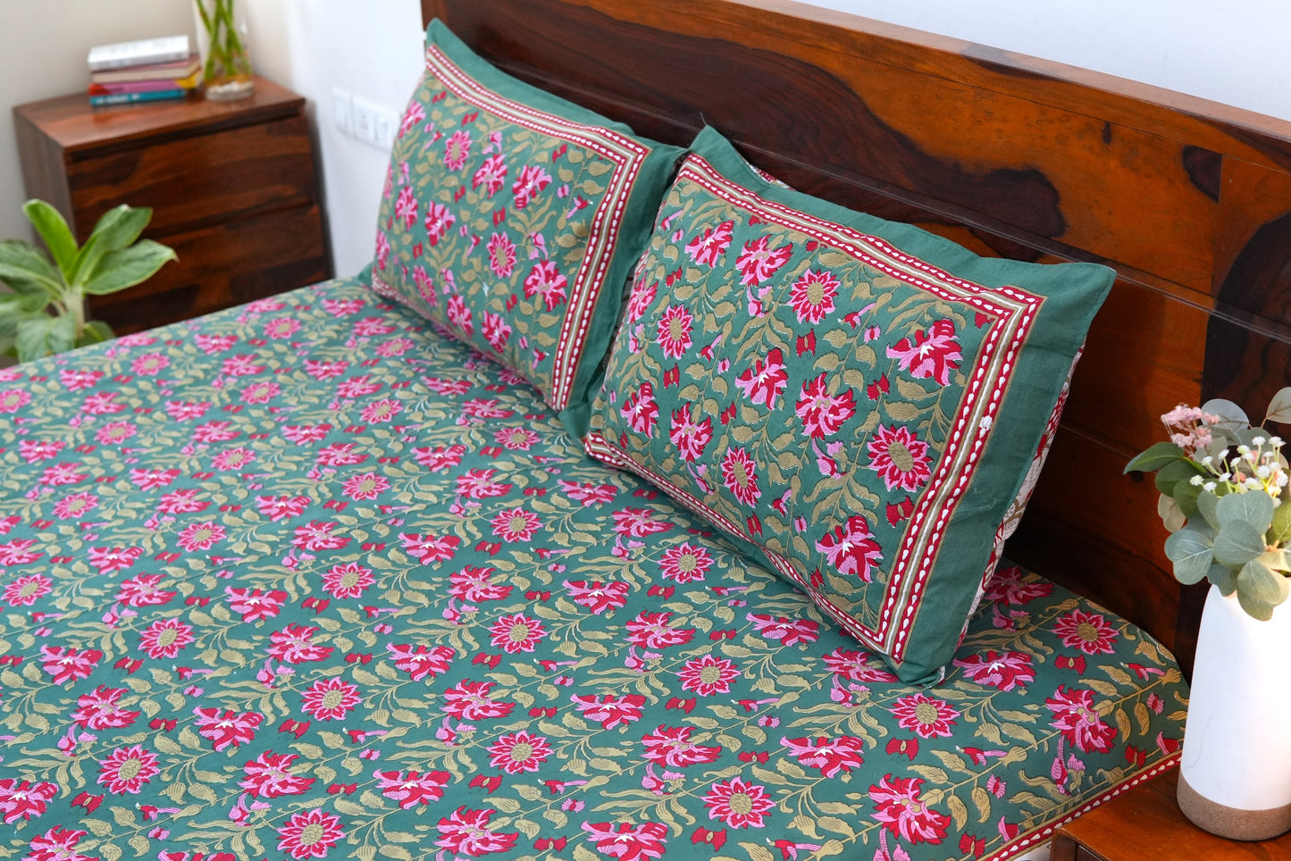 Dense forest with floral border - Pure cotton King / Queen size double bedsheet