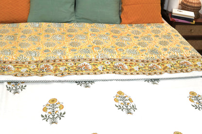 Yellow florals handblock printed pure mulmul dohar