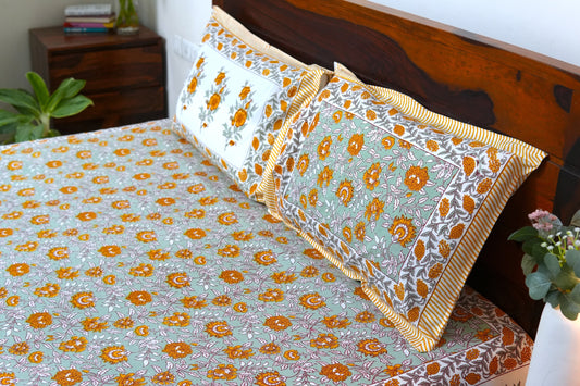 Mustard florals - Pure cotton King / Queen size double bedsheet
