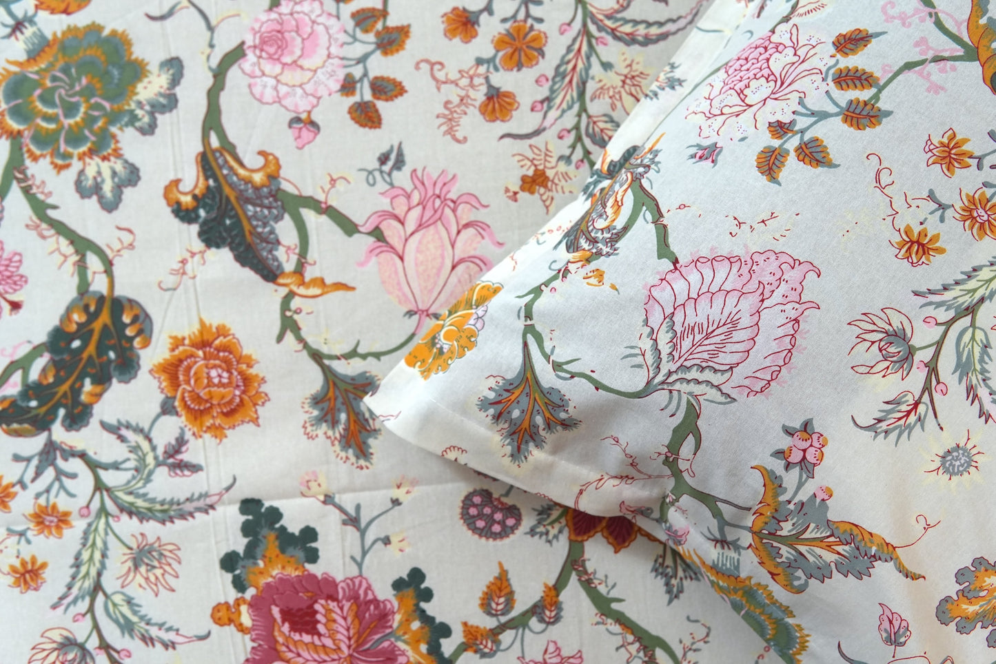 Colourful garden on cream base (Anokhi Print) - Pure cotton King / Queen size double bedsheet