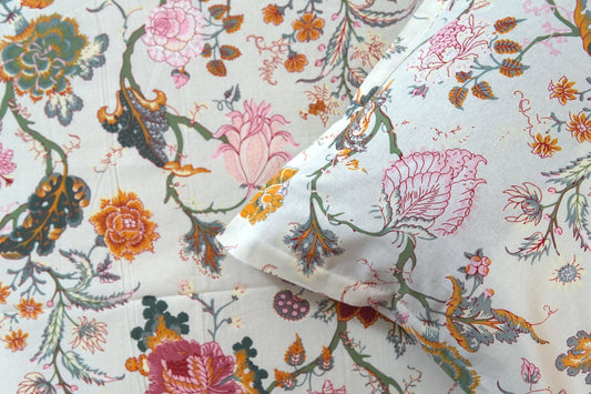 Colourful garden on cream base (Anokhi Print) - Pure cotton King / Queen size double bedsheet