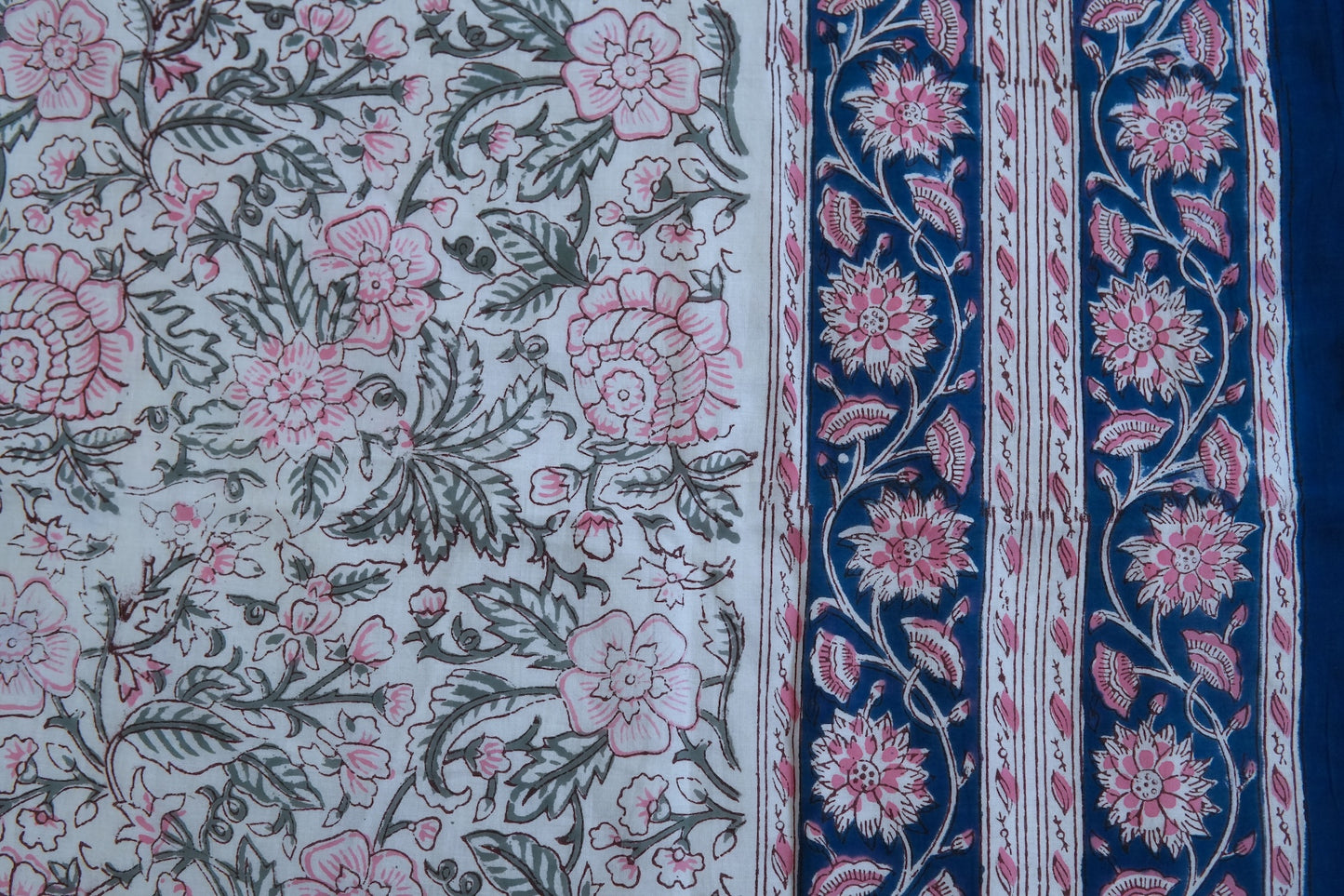 Pink on blue bloom handblock printed pure mulmul dohar