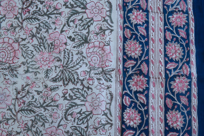 Pink on blue bloom handblock printed pure mulmul dohar