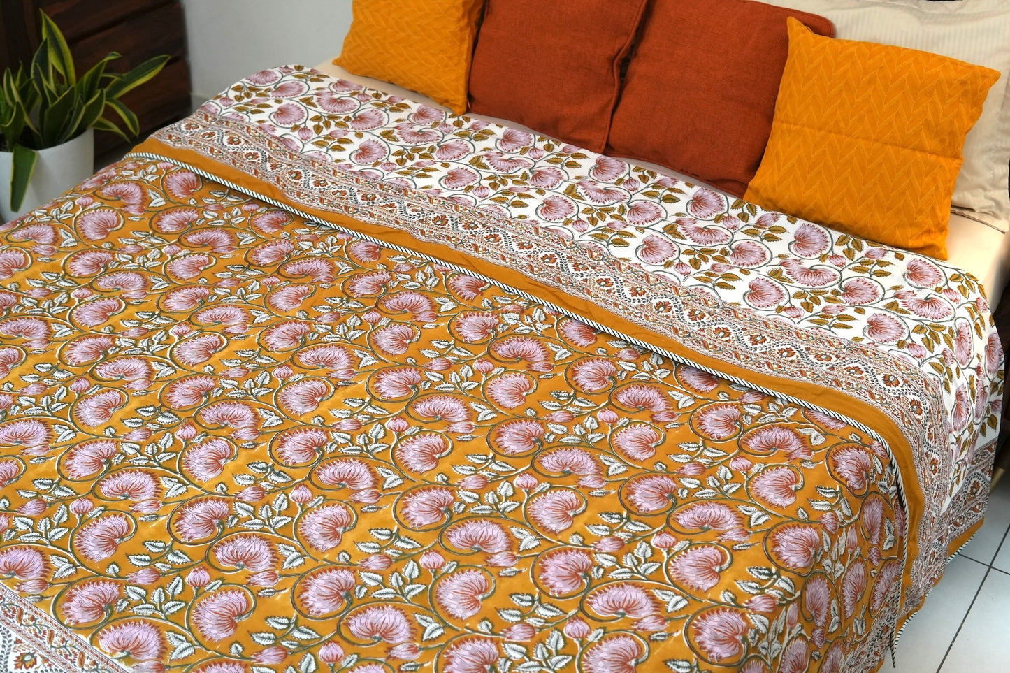 Lotus on mustard handblock printed pure mulmul dohar