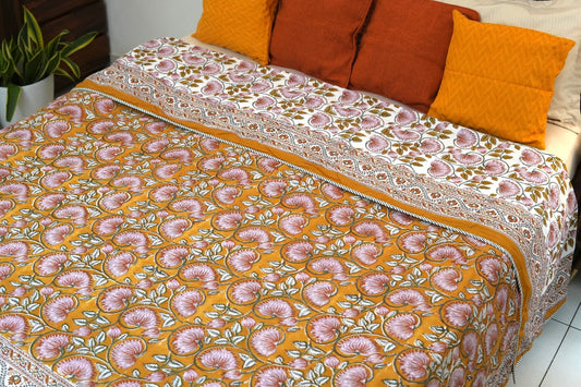 Lotus on mustard handblock printed pure mulmul dohar