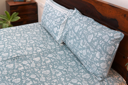 Grey florals - Pure cotton King / Queen size double bedsheet