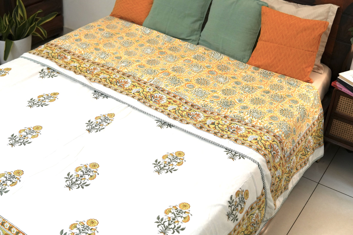 Yellow florals handblock printed pure mulmul dohar