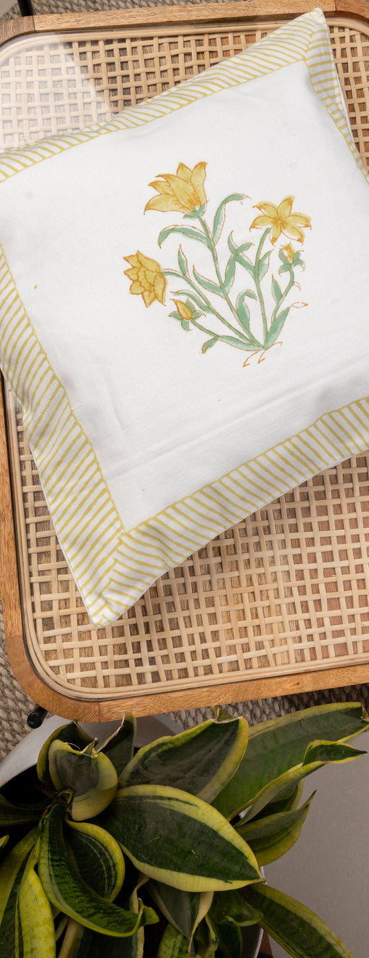 Yellow tulips - Cushion cover in handblock print