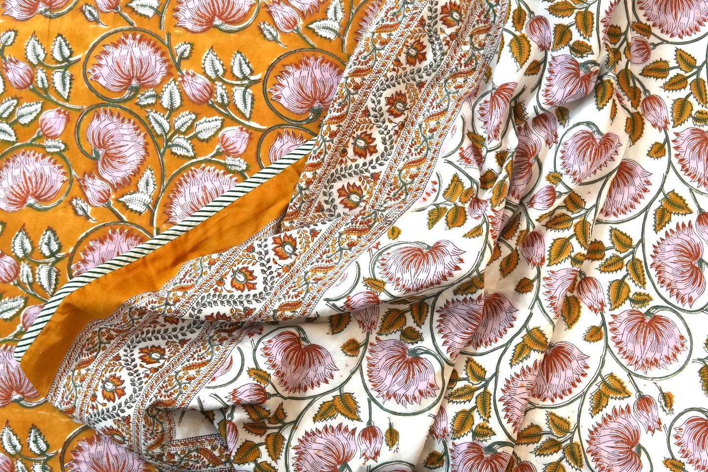Lotus on mustard handblock printed pure mulmul dohar
