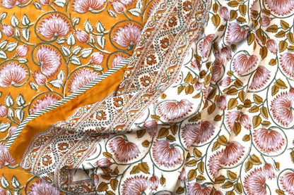 Lotus on mustard handblock printed pure mulmul dohar