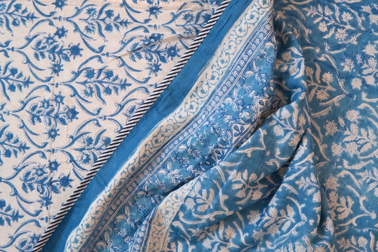 Sky bloom handblock printed pure mulmul dohar