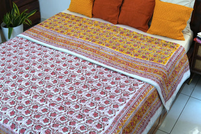 Pink bloom on yellow handblock printed pure mulmul dohar