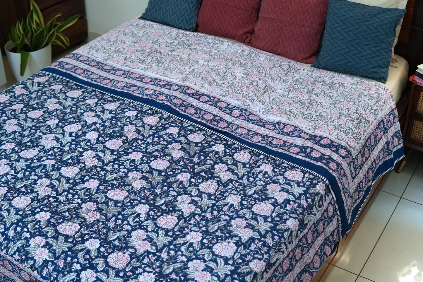 Pink on blue bloom handblock printed pure mulmul dohar