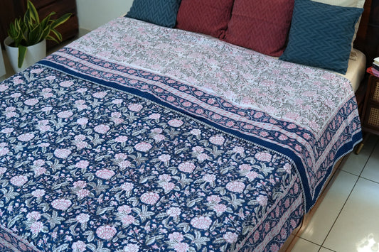 Pink on blue bloom handblock printed pure mulmul dohar