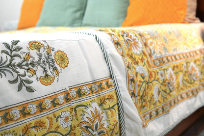 Yellow florals handblock printed pure mulmul dohar