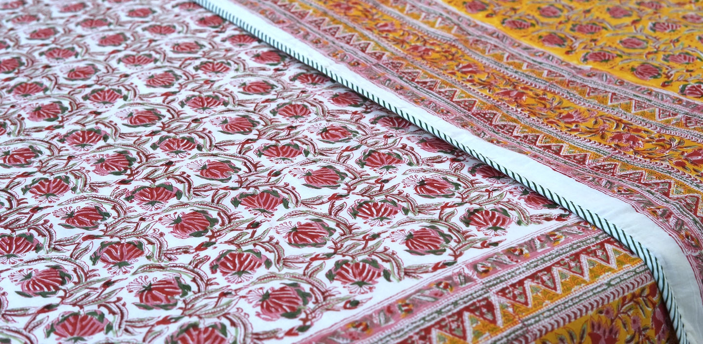 Pink bloom on yellow handblock printed pure mulmul dohar