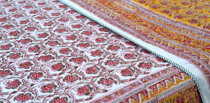 Pink bloom on yellow handblock printed pure mulmul dohar