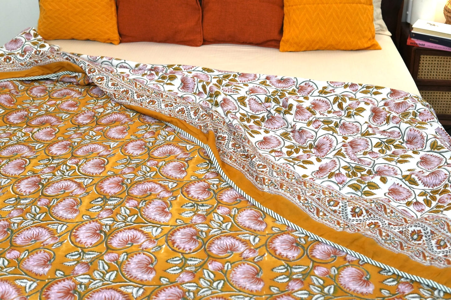 Lotus on mustard handblock printed pure mulmul dohar