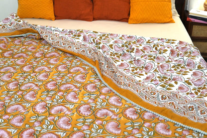 Lotus on mustard handblock printed pure mulmul dohar