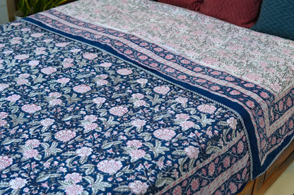Pink on blue bloom handblock printed pure mulmul dohar