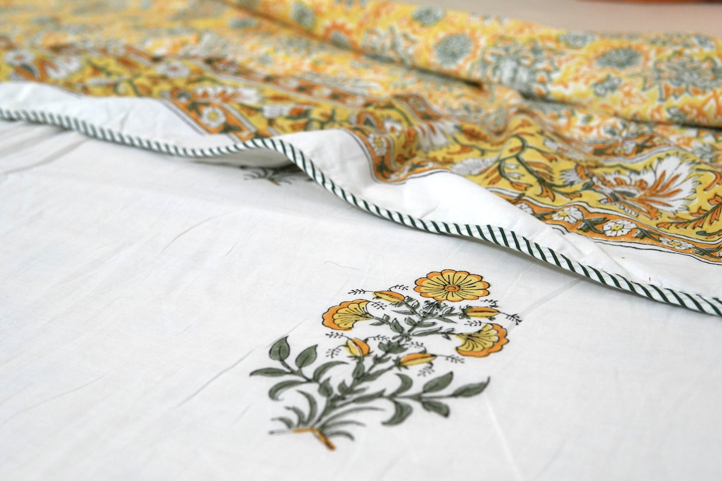 Yellow florals handblock printed pure mulmul dohar
