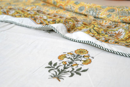 Yellow florals handblock printed pure mulmul dohar
