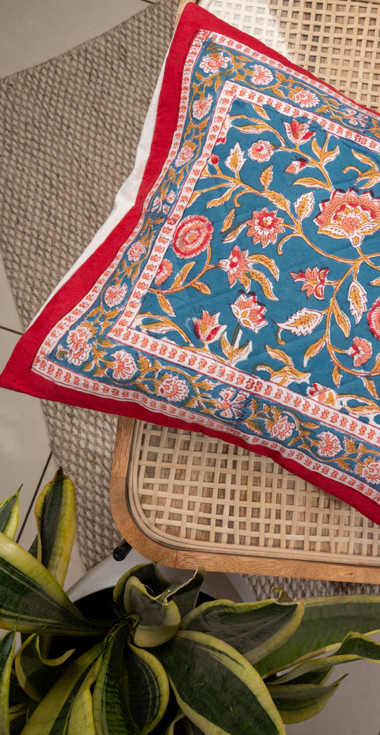 Blue blooming gardens - Handblock printed quilted cushion cover