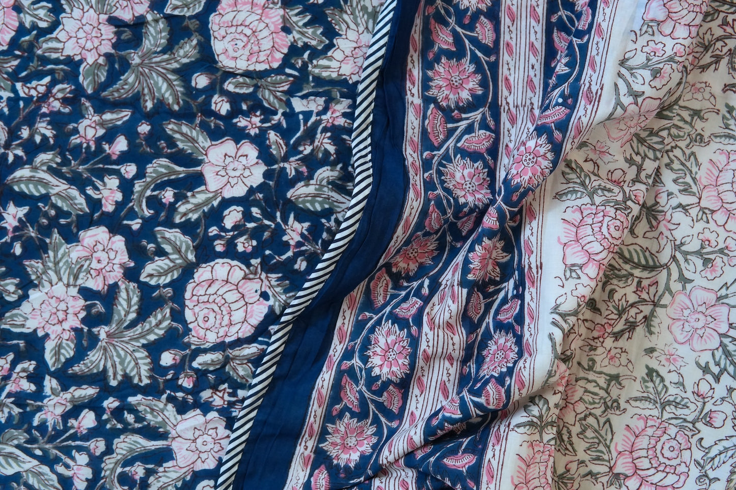 Pink on blue bloom handblock printed pure mulmul dohar