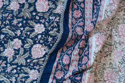 Pink on blue bloom handblock printed pure mulmul dohar