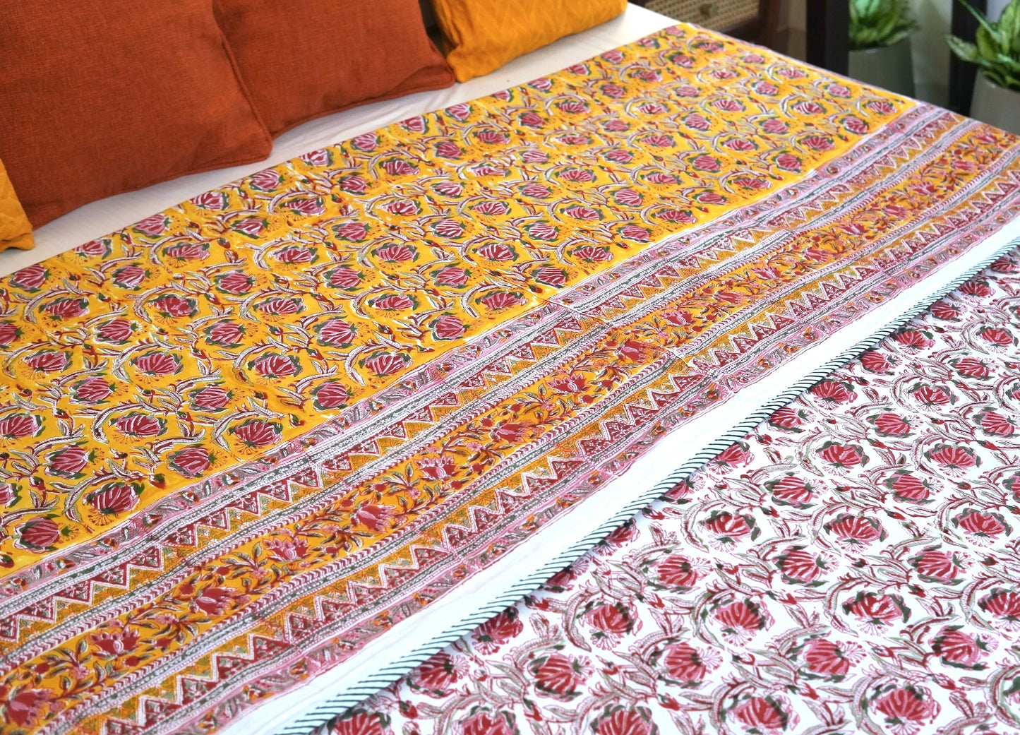 Pink bloom on yellow handblock printed pure mulmul dohar