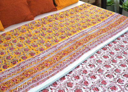 Pink bloom on yellow handblock printed pure mulmul dohar