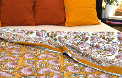 Lotus on mustard handblock printed pure mulmul dohar