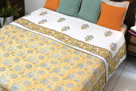 Yellow florals handblock printed pure mulmul dohar