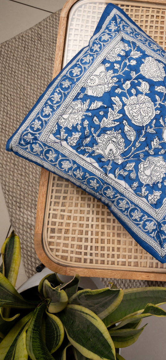 White chrysanthemum - Handblock printed quilted cushion cover