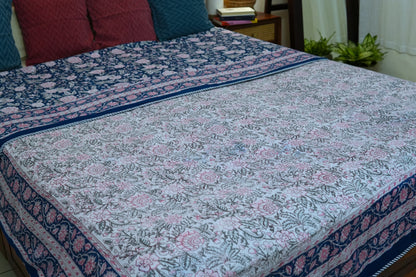 Pink on blue bloom handblock printed pure mulmul dohar