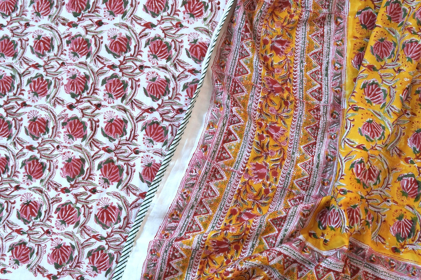 Pink bloom on yellow handblock printed pure mulmul dohar