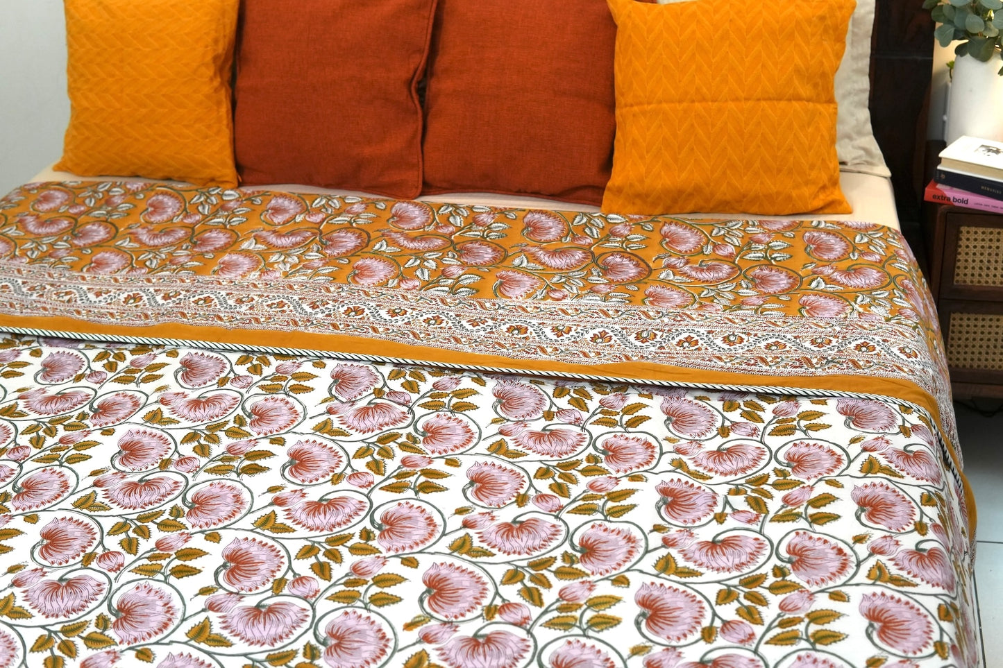Lotus on mustard handblock printed pure mulmul dohar