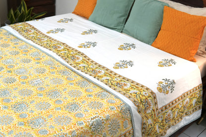 Yellow florals handblock printed pure mulmul dohar