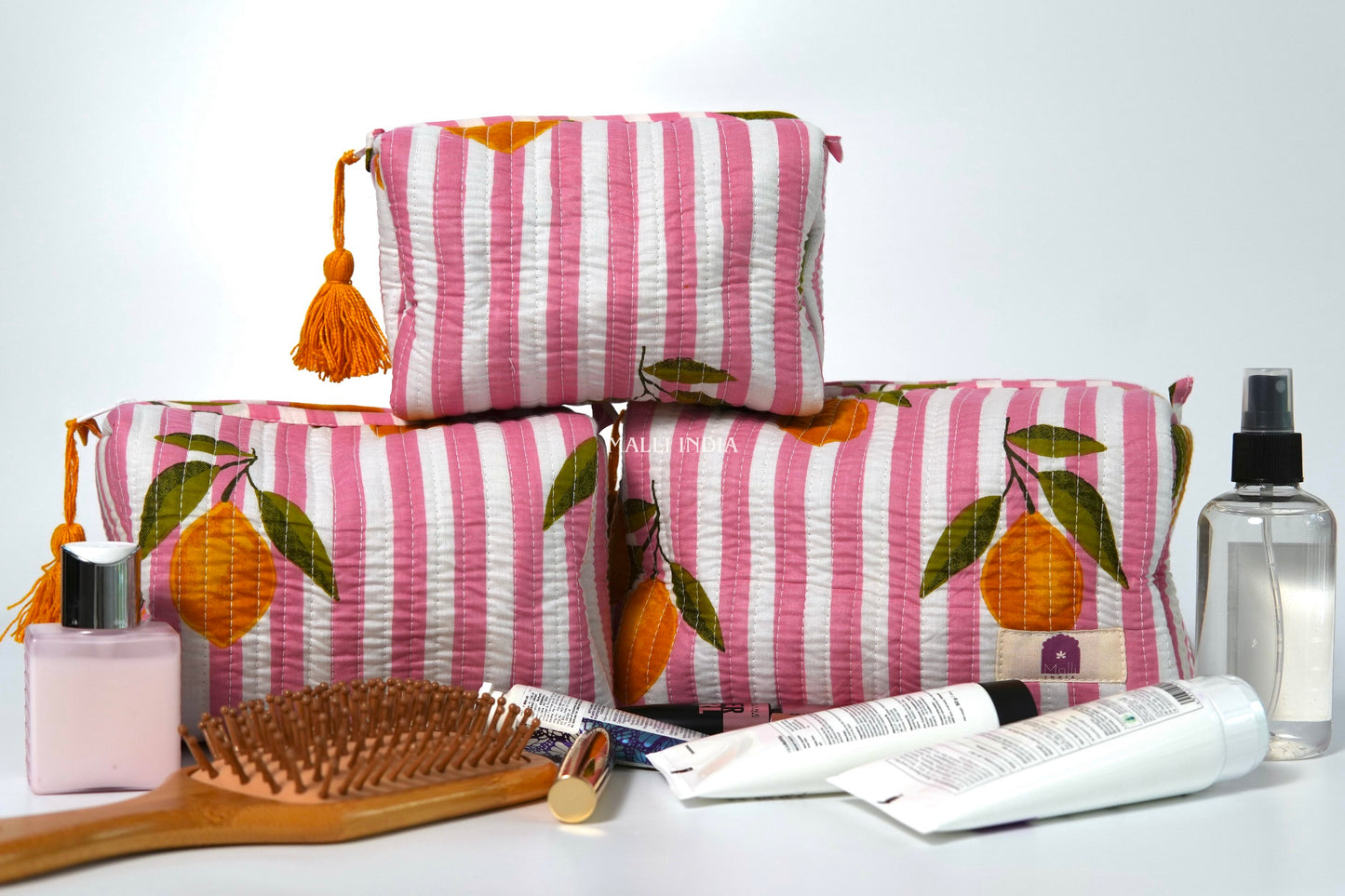 Set of 3 Vanity Pouches - Lemons on pink stripes