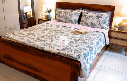 Blue bloom on light grey base - Quilted reversible bedcover in pure cotton