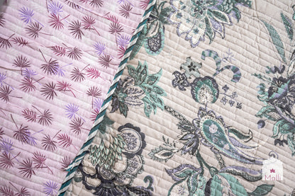 Blue bloom on light grey base - Quilted reversible bedcover in pure cotton