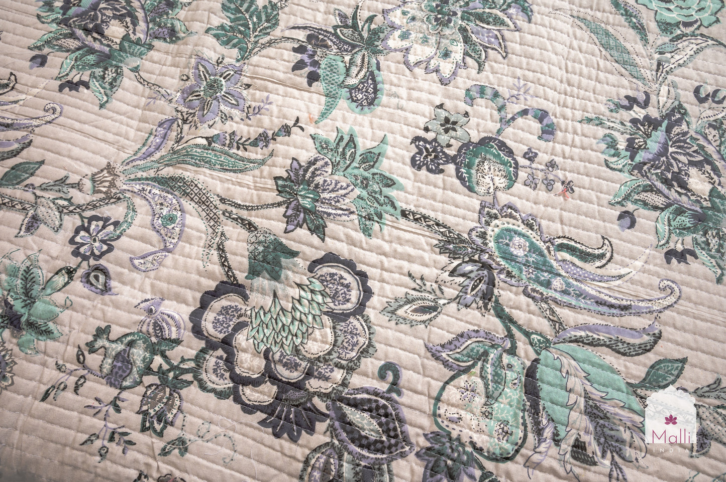 Blue bloom on light grey base - Quilted reversible bedcover in pure cotton