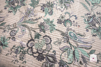 Blue bloom on light grey base - Quilted reversible bedcover in pure cotton