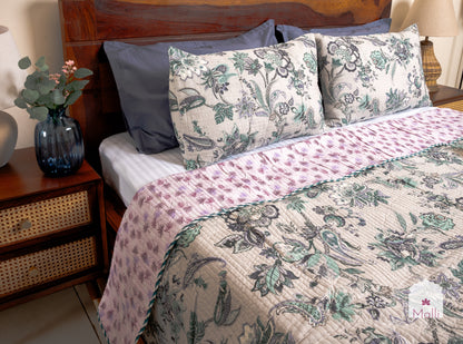 Blue bloom on light grey base - Quilted reversible bedcover in pure cotton