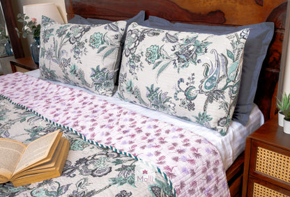 Blue bloom on light grey base - Quilted reversible bedcover in pure cotton