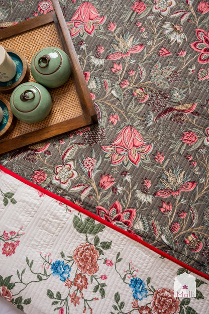 Pink bloom on dark grey base - Quilted reversible bedcover in pure cotton