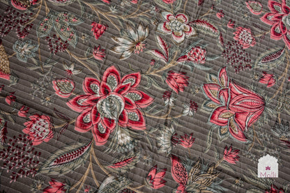Pink bloom on dark grey base - Quilted reversible bedcover in pure cotton