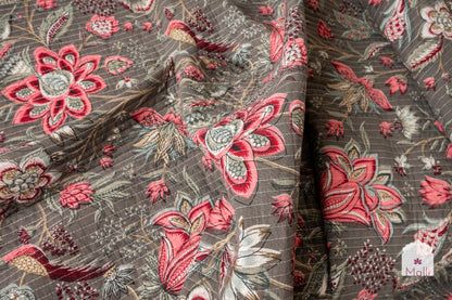 Pink bloom on dark grey base - Quilted reversible bedcover in pure cotton