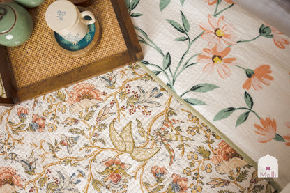 Rust orange bloom on cream base - Quilted reversible bedcover in pure cotton
